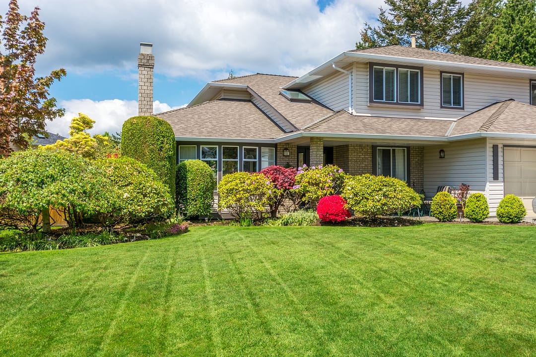 House with a well-kept lawn and landscaped shrubs